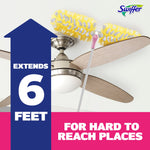 Swiffer duster head attached to a pink extendable handle cleaning a ceiling fan with large arrow graphic reading extends 6 feet