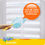 Hand using a Swiffer duster on white plantation shutters with an orange speech bubble stating 'Can be used on multiple surfaces.'