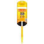 Back view of Swiffer duster package showing instructions panel and yellow handle protruding from bottom