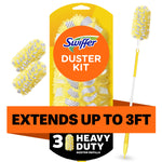 Swiffer Duster kit packaging showing yellow duster refill, two replacement heads and a telescoping pole with 'extends up to 3ft' banner