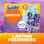 Promotional graphic with Swiffer Duster packaging artwork, lavender flowers and Febreze freshness badge over a purple background.