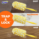 Graphic showing three yellow Swiffer duster heads on different surfaces with a large orange 'Trap & Lock' callout.