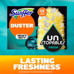 Swiffer Duster refill box with Unstopables fresh droplet graphic and 'Lasting Freshness' headline