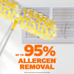 Swiffer duster head on a pole next to a vent with bold text 'Up to 95% Allergen Removal' promoting allergen removal.