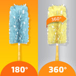 Two Swiffer dusters shown side by side on orange and gray backgrounds highlighting 180° and 360° angles with a handle visible.