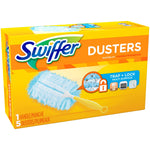 Angled Swiffer Dusters product box showing blue refill head and yellow handle on bright yellow packaging