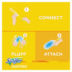 Yellow instructional graphic repeating steps to connect, fluff, and attach a Swiffer duster with icons