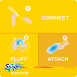 Instructional graphic on yellow background showing three steps: connect, fluff, attach, with simple hand illustrations for Swiffer dusters.