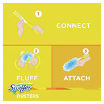 Instructional panel showing three steps: connect, fluff, attach with simple illustrations and Swiffer logo