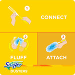 Bright instructional graphic showing Swiffer Dusters steps: connect, fluff, and attach the duster head