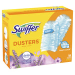 Angled product shot of Swiffer Dusters lavender box showing two blue refill heads, lavender flowers and Trap + Lock icon.