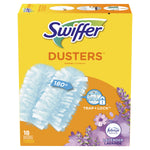 Yellow retail box of Swiffer Dusters with lavender imagery, two blue refills and Trap + Lock badge on front.