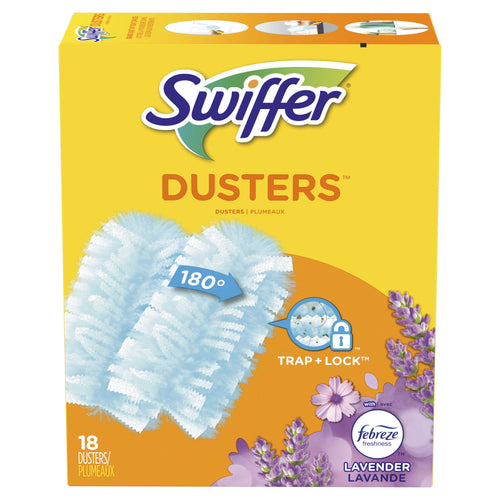 Yellow retail box of Swiffer Dusters with lavender imagery, two blue refills and Trap + Lock badge on front.