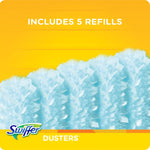 Close-up graphic of several blue Swiffer duster refills against a yellow background with text 'includes 5 refills'