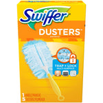 Swiffer Dusters retail box front with large logo, blue refill duster image and yellow handle on orange background
