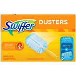 Wide Swiffer Dusters box image showing product logo, blue microfiber refill and inset value badge on yellow packaging