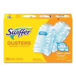 Yellow Swiffer Dusters packaging showing two blue duster refills, brand logo, and Trap + Lock graphic