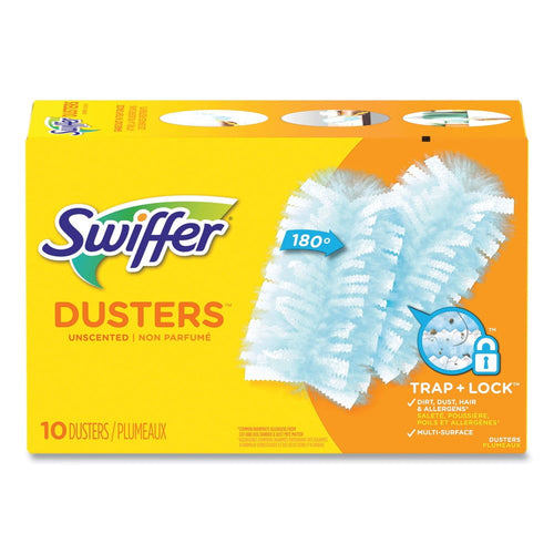 Yellow Swiffer Dusters packaging showing two blue duster refills, brand logo, and Trap + Lock graphic