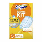 Swiffer Dusters refill box with yellow background showing one-sided trap-and-lock blue duster and a yellow handle