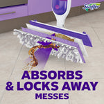 Exploded view of Swiffer Power Mop pad layers absorbing a spilled liquid with 'Absorbs & Locks Away Messes' headline