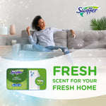 Lifestyle graphic of a relaxed person on a couch with Swiffer Wet Cloths pack and text reading Fresh scent for your fresh home.