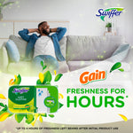 Lifestyle graphic with relaxed person on sofa, Swiffer and Gain logos and a product pack emphasizing freshness for hours.