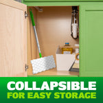 Collapsed Swiffer Hair Magnet mop stored inside a cabinet next to cleaning supplies demonstrating compact storage