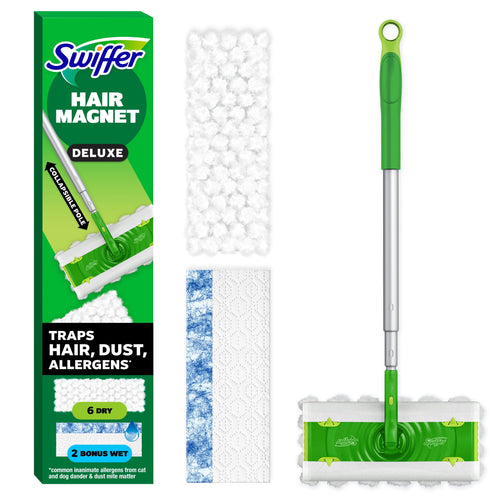 Swiffer Hair Magnet Deluxe starter kit layout showing mop pole, textured dry pad, wet cloth and product box on white background