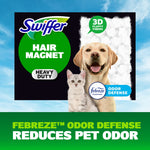 Swiffer Hair Magnet promotional graphic with dog and cat, fluffy fiber texture and Febreze odor defense badge