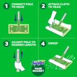 Green four-panel instruction graphic showing steps to connect pole, attach cloth, adjust pole, and sweep with Swiffer Hair Magnet branding