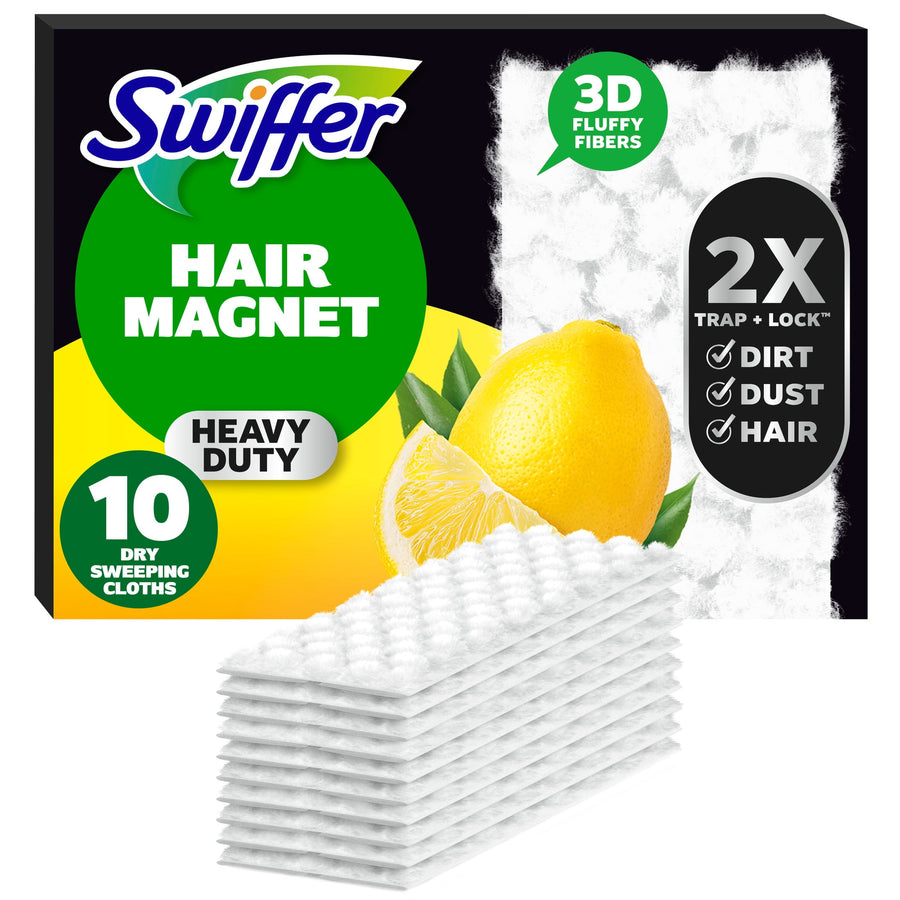 Front-facing product box of Swiffer Hair Magnet Heavy Duty lemon-scented dry sweeping cloths with stacked white cloths visible