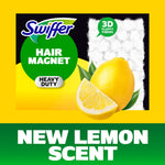 Graphic pack art showing Swiffer Hair Magnet heavy duty lemon scent branding with a lemon wedge and textured cloth background
