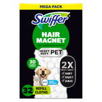 Front of Swiffer Hair Magnet heavy duty pet refill pack with dog and cat image and 32 refill cloths callouts
