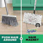 Split comparison image showing broom pushing hair versus Swiffer Hair Magnet cloth trapping hair on a tiled floor