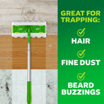 Top view of a Swiffer head on different floor surfaces with text listing uses: hair, fine dust, beard buzzings