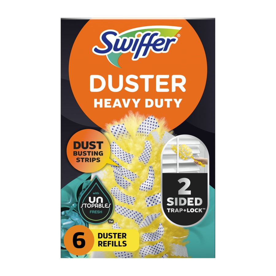 Front-facing product box showing Swiffer Duster Heavy Duty branding and image of a yellow duster head with dust-busting strips.