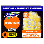 Front-facing Swiffer Duster heavy duty refill package with orange branding and a close-up of a yellow duster head