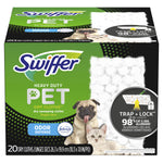 Front-facing product box of Swiffer Heavy Duty Pet dry cloths with dog and cat image and Trap + Lock graphic