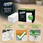 Promotional layout of Swiffer Heavy Duty cloths with product box, stacked pads and icons for trap+lock and ultrathick pad