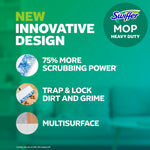 Green infographic panel highlighting new innovative design, 75% more scrubbing power and multisurface use for Swiffer mop