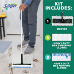 Person mopping a dirty floor with Swiffer device alongside graphic listing kit contents: device, dry and wet cloths