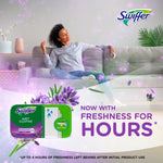 Lifestyle graphic with relaxed person on couch and Swiffer Wet Cloths lavender packaging promoting 'freshness for hours'