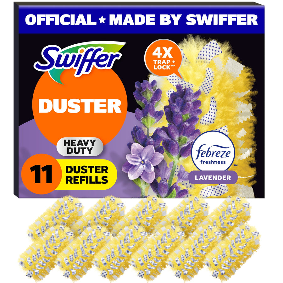 Swiffer branded box and yellow duster refills with lavender graphics and Febreze logo