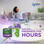Lifestyle image with person on couch, lavender flowers and Swiffer wet cloth packaging with 'freshness for hours' text