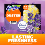 Swiffer Duster package artwork with lavender flowers, Febreze emblem and 'Lasting Freshness' banner