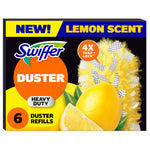 Front-of-box product shot of Swiffer heavy duty lemon-scent duster refills with lemon image