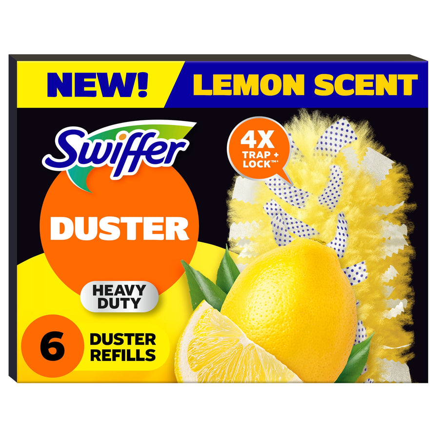 Front-of-box product shot of Swiffer heavy duty lemon-scent duster refills with lemon image