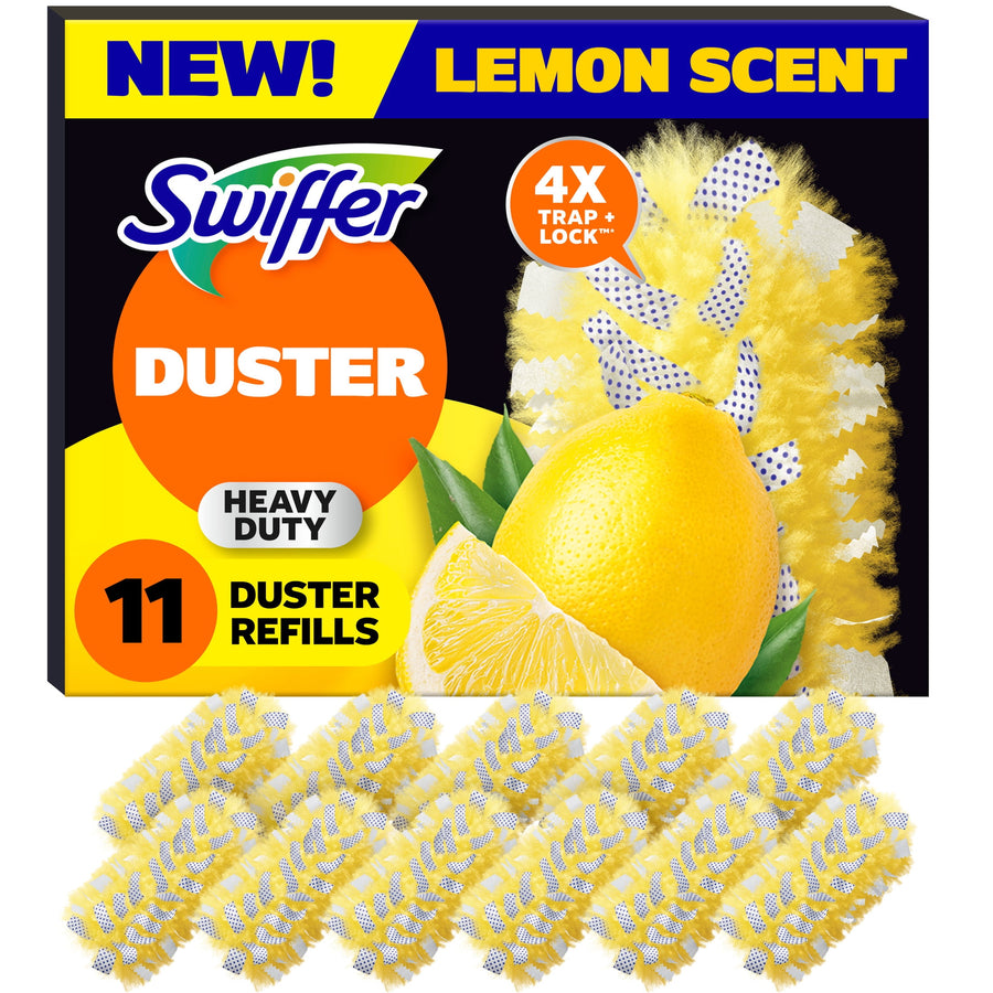 Boxed Swiffer Duster heavy duty lemon-scent refill packaging with lemon image and yellow dusters