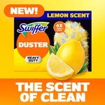 Swiffer Duster lemon-scent package and lemon illustration over yellow background with slogan text