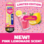 Bright promotional artwork showing Swiffer duster kit packaging, a glass of pink lemonade and lemons on a confetti background